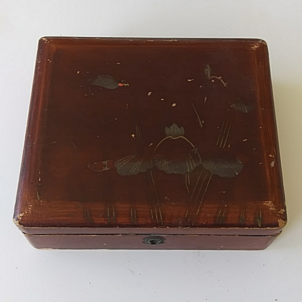Antique Vintage hand painted wooden jewelry box Floral Flower